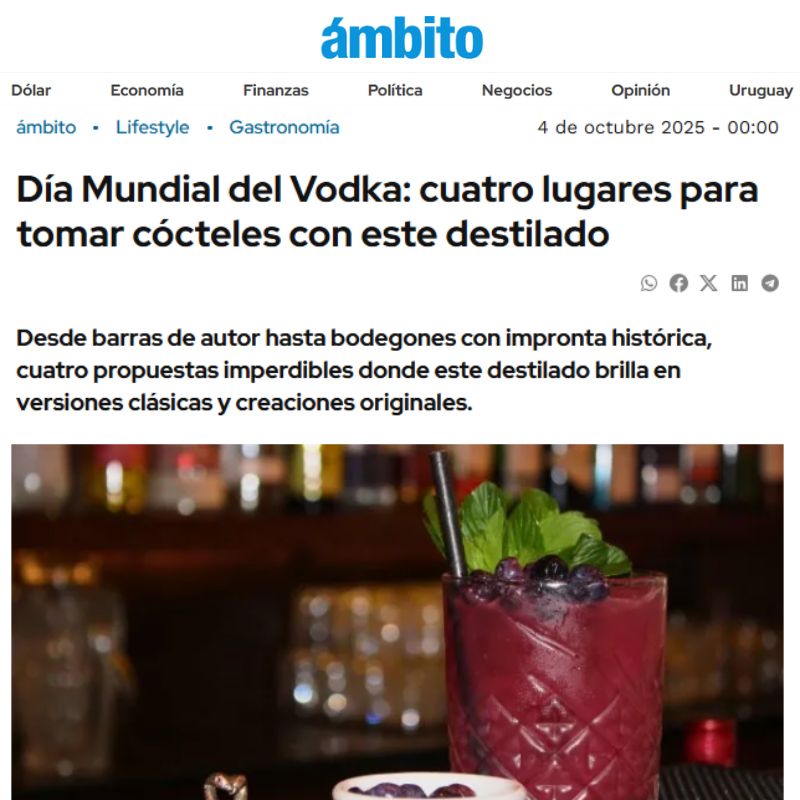 Reseñas de la prensa de Ámbito sobre la coctelería y vermutería de La Capitana en el Día Mundial del Vodka.