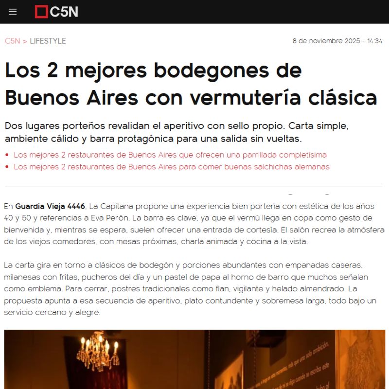 C5N: La Capitana entre los Mejores Bodegones de CABA La Capitana, uno de los 2 mejores bodegones de Buenos Aires, según C5N